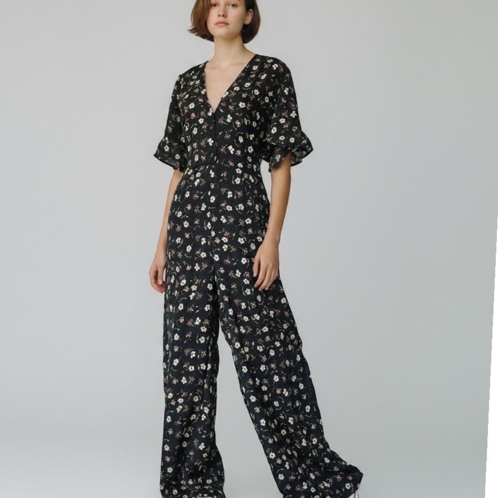 Wide-Leg Jumpsuit Full Length Black Floral Button Front Bodice Resortwear Sz Med